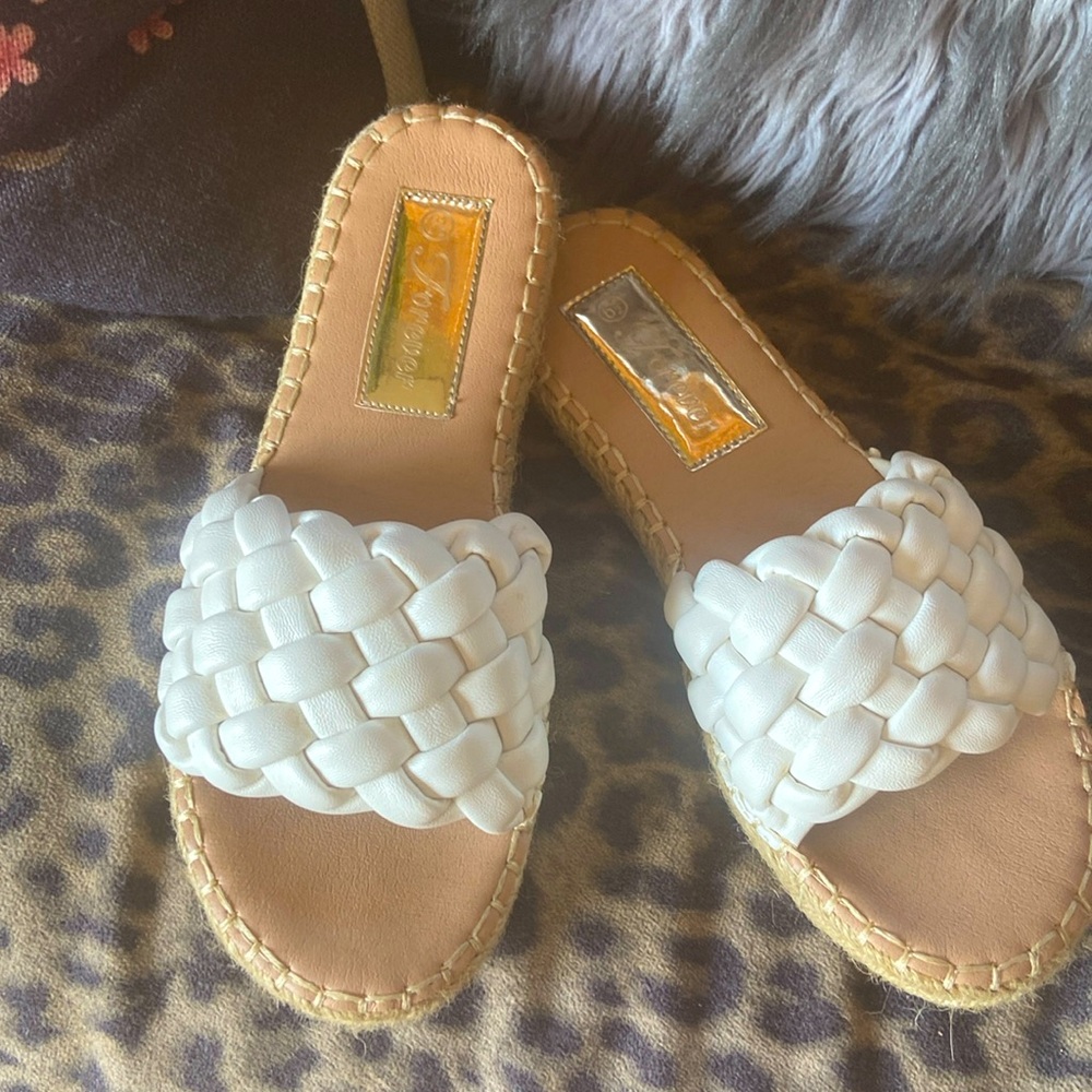 White Leather woven slides
